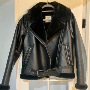 Abercrombie And Fitch Black Faux Fur Lined Moto Jacket Coat Size M~EUC